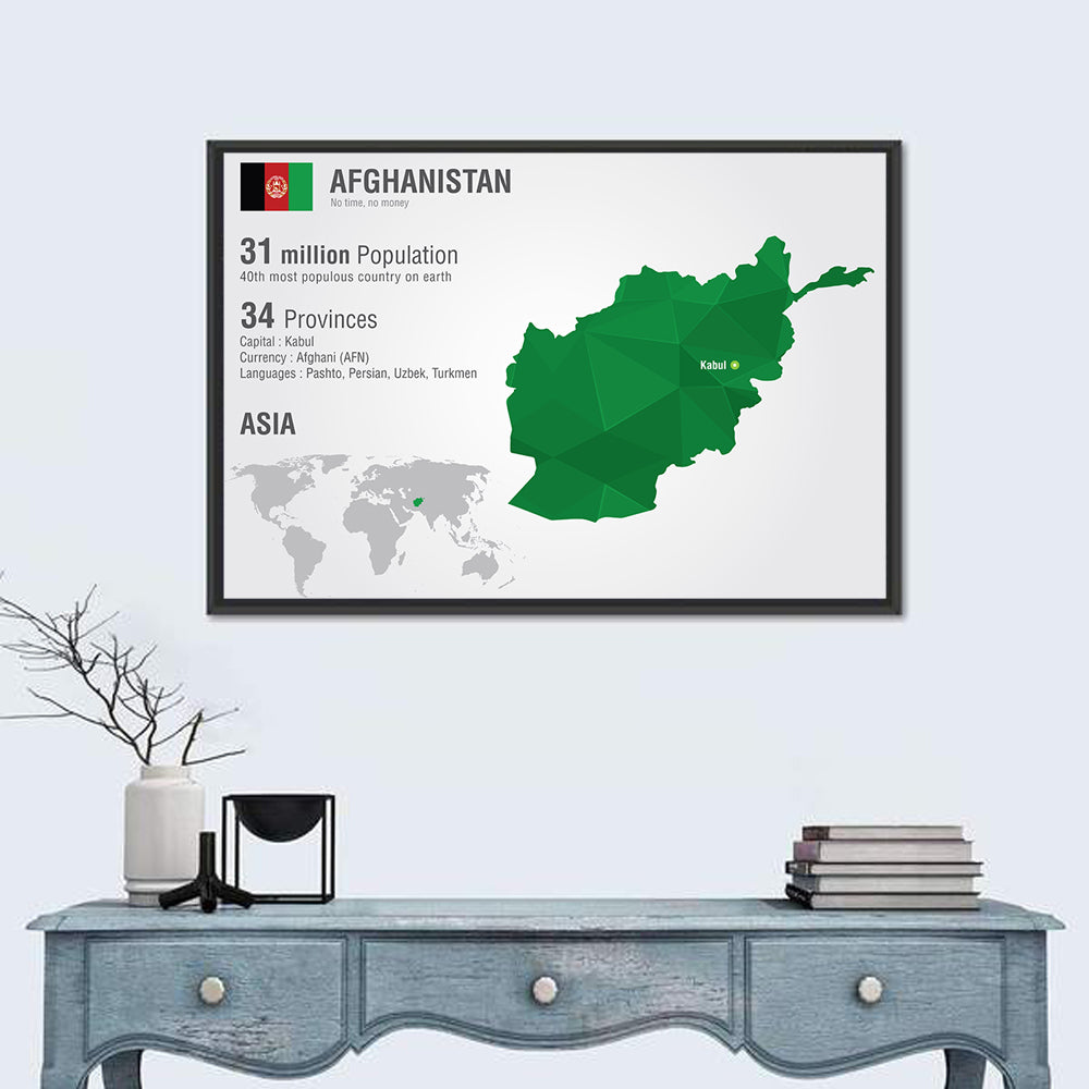 Polygonal Afghanistan Map Wall Art in a room, landscape