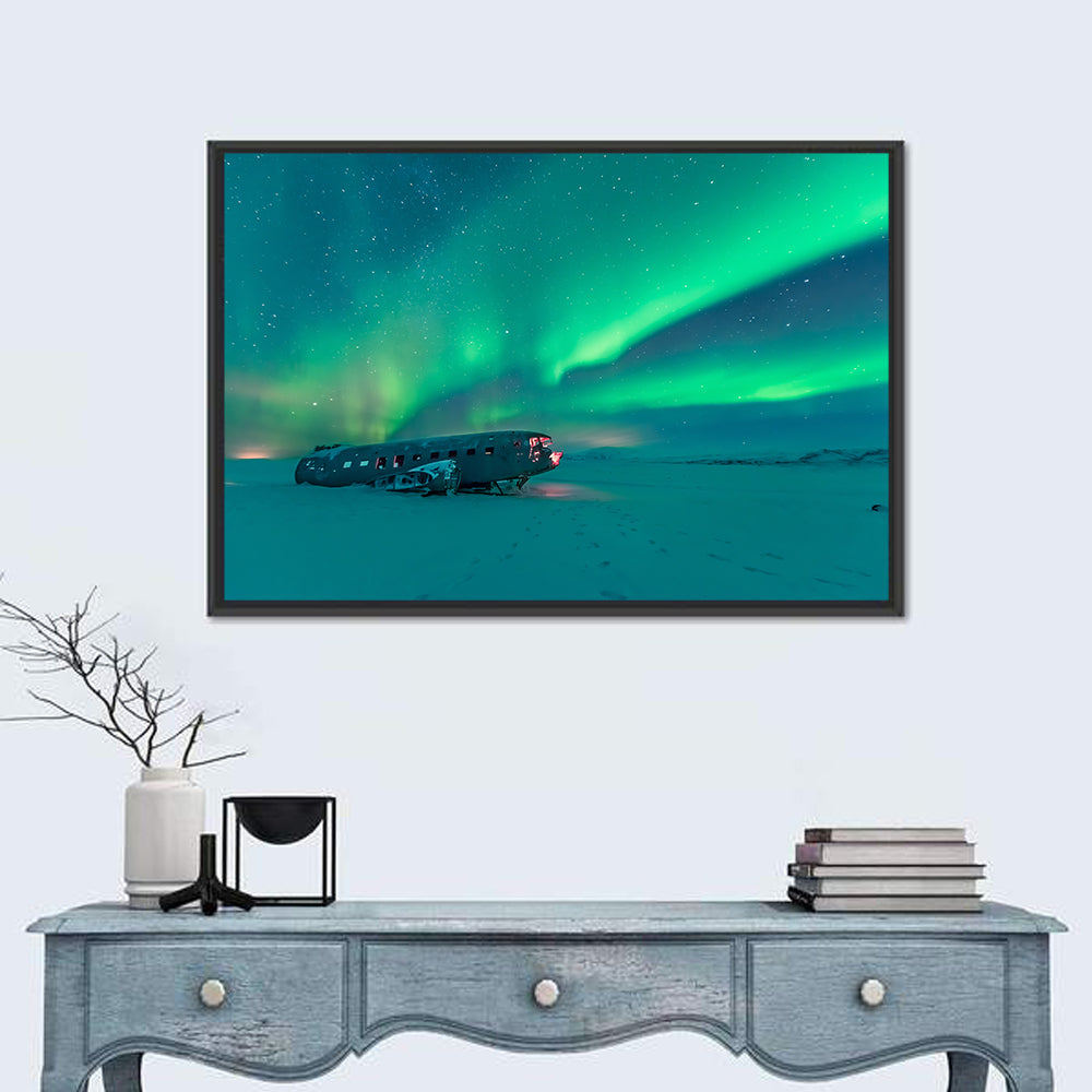 Northern Lights Over Sólheimasandur Wreck Wall Art in a room, landscape