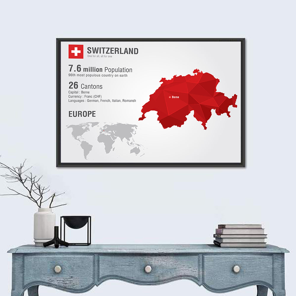 Switzerland Low-poly Map Wall Art in a room, landscape