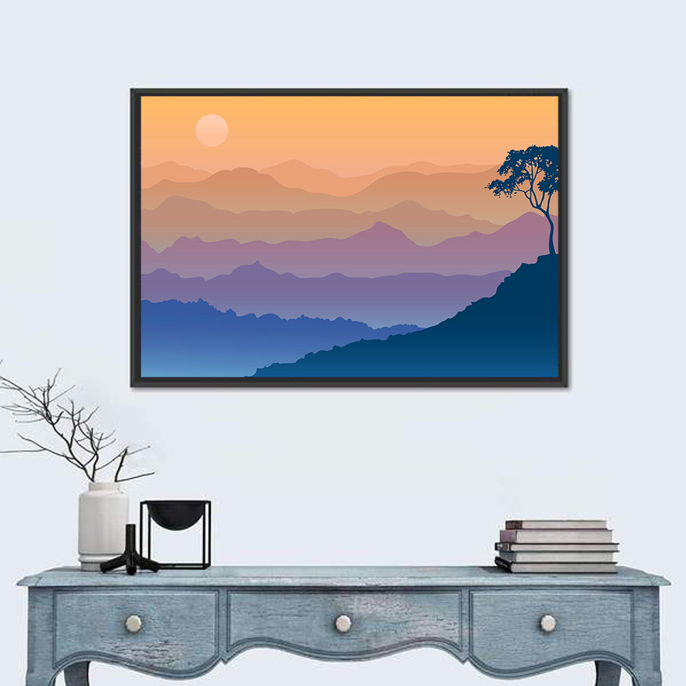 Layered Mountain Sunrise with Tree Silhouette Wall Art in a room, landscape