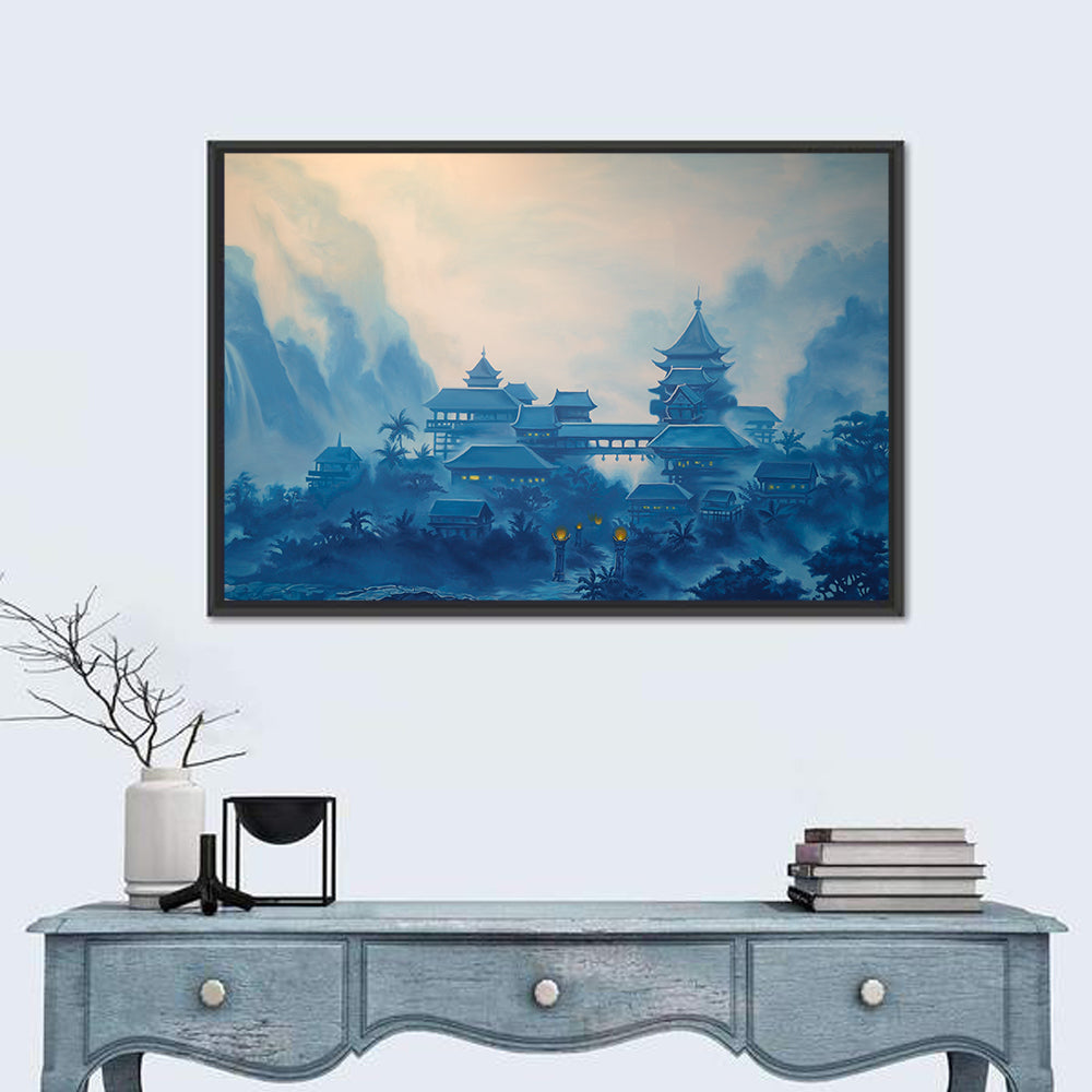 Misty Chinese Mountain Temple Wall Art in a room, landscape