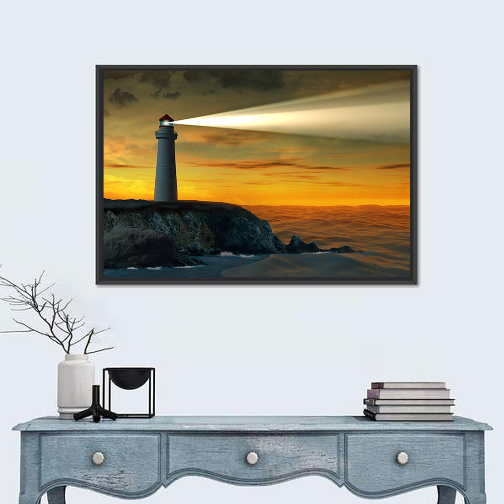Solitary Lighthouse at Sunset Wall Art in a room, landscape
