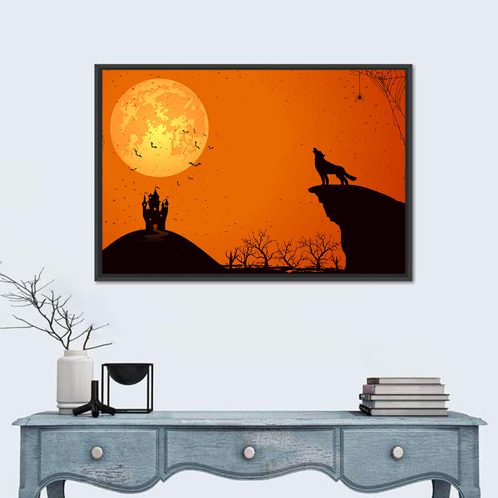 Howling Wolf Under Full Moon Wall Art in a room, landscape