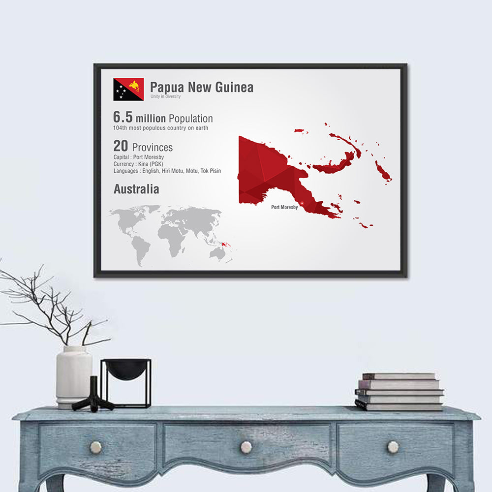 Papua New Guinea Map Infographic Wall Art in a room, landscape