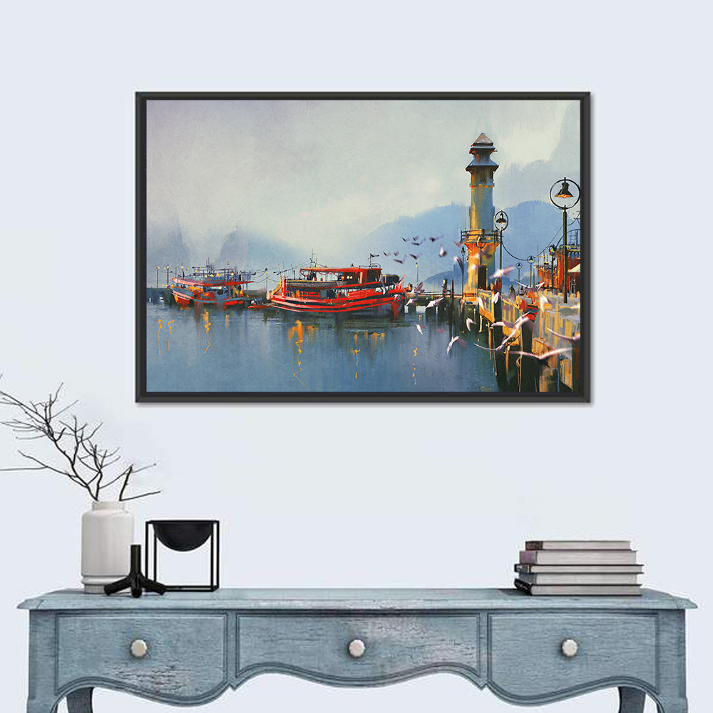 Fishing Boat at Misty Harbor Wall Art in a room, landscape
