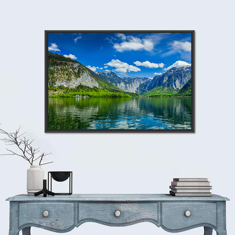 Hallstatt Lake Reflection Wall Art in a room, landscape