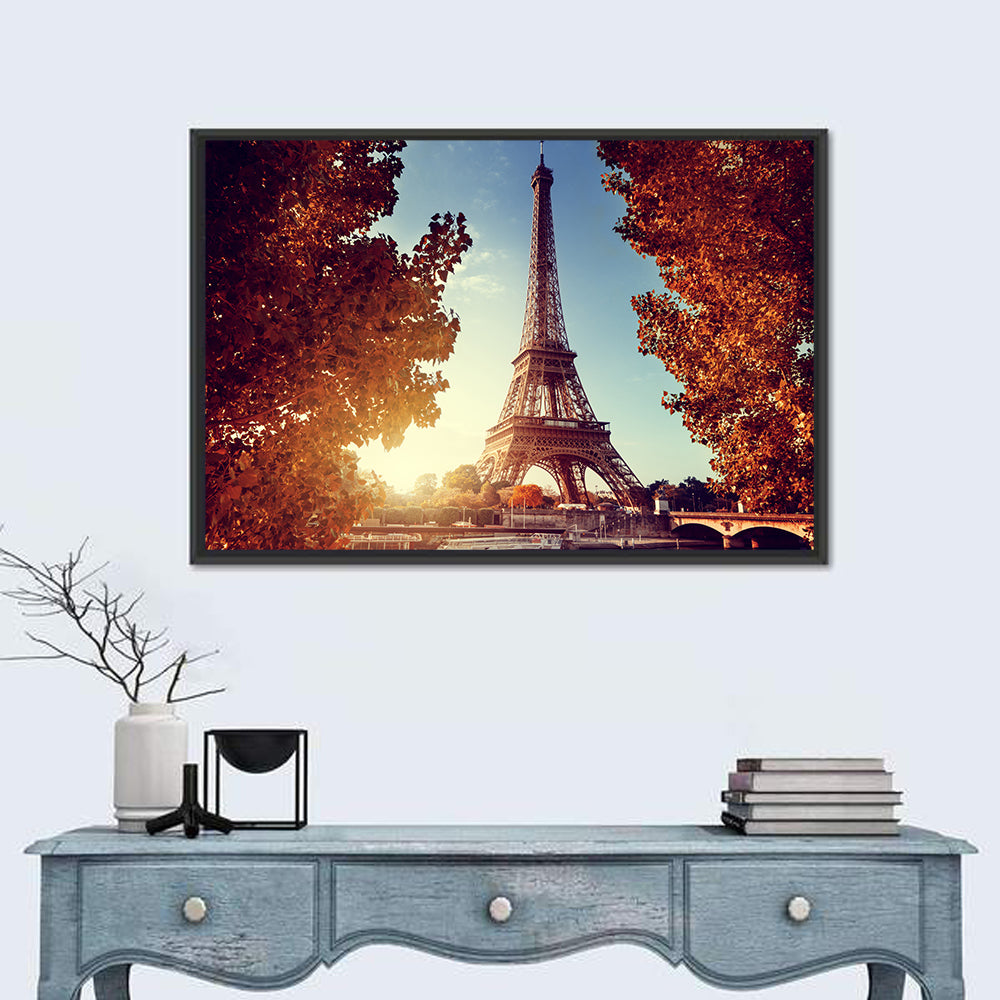 Autumn Seine with Eiffel Tower Wall Art in a room, landscape