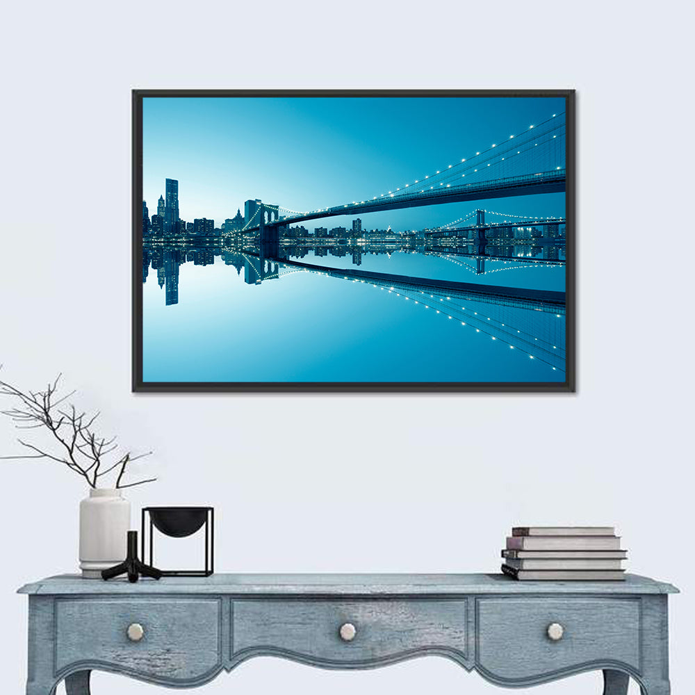 Manhattan Skyline with Brooklyn Bridge Wall Art in a room, landscape