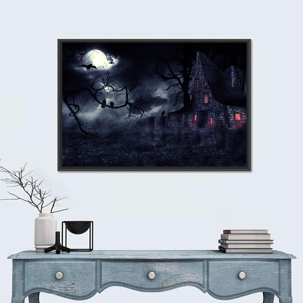 Haunted House Under Full Moon Wall Art in a room, landscape