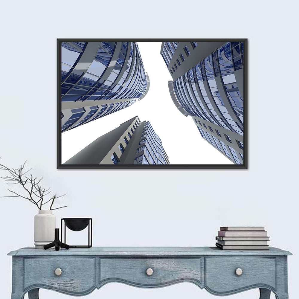 Blue Glass Skyscrapers Wall Art in a room, landscape