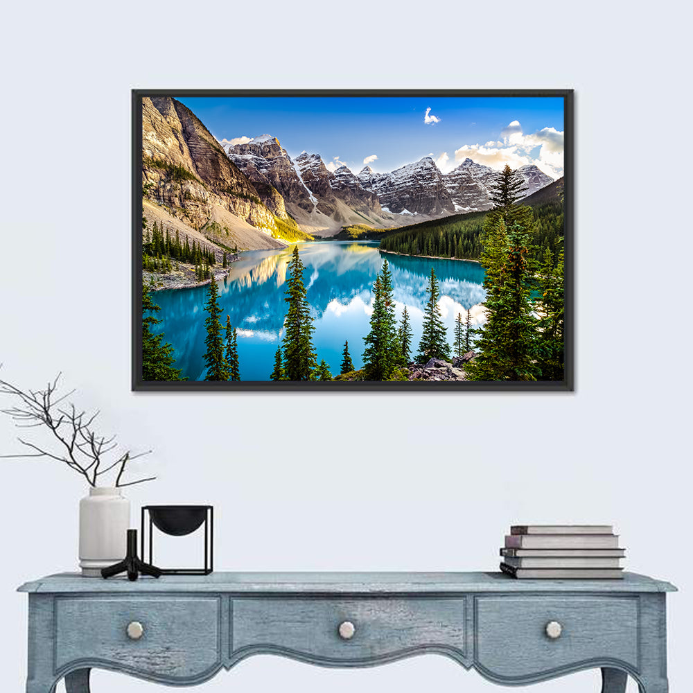 Moraine Lake Reflection Wall Art in a room, landscape