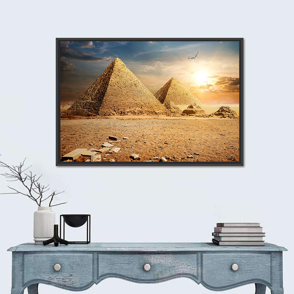 Giza Pyramids at Sunset Wall Art in a room, landscape