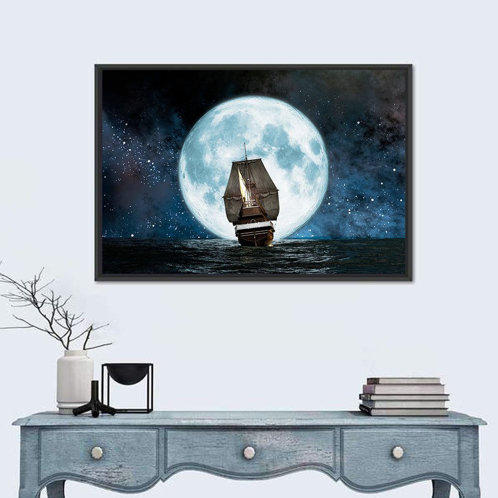 Moonlit Sailboat at Sea Wall Art in a room, landscape