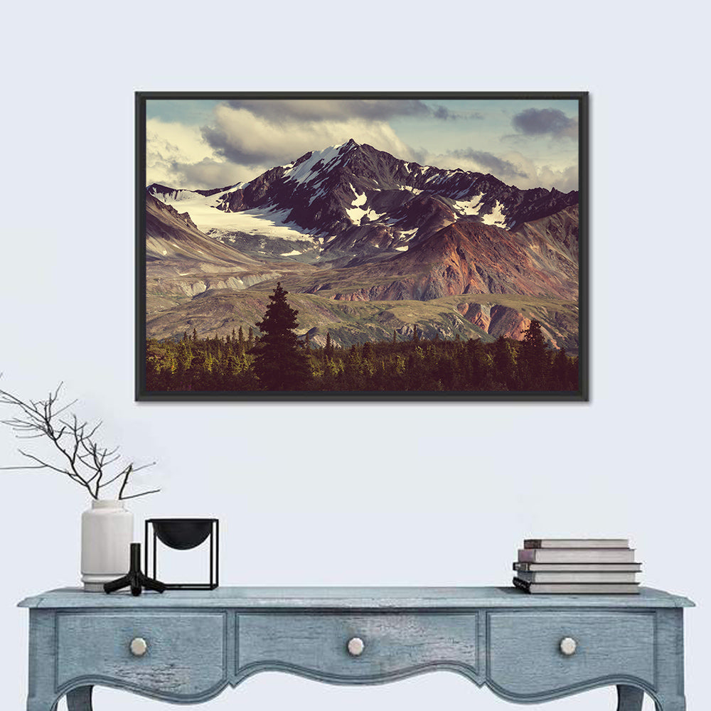 Snow Capped Alaska Peak Wall Art in a room, landscape