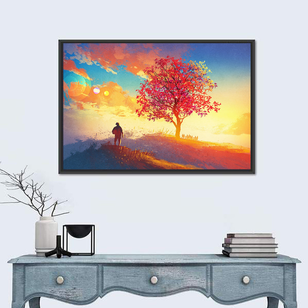 Surreal Autumn Dusk Landscape Wall Art in a room, landscape