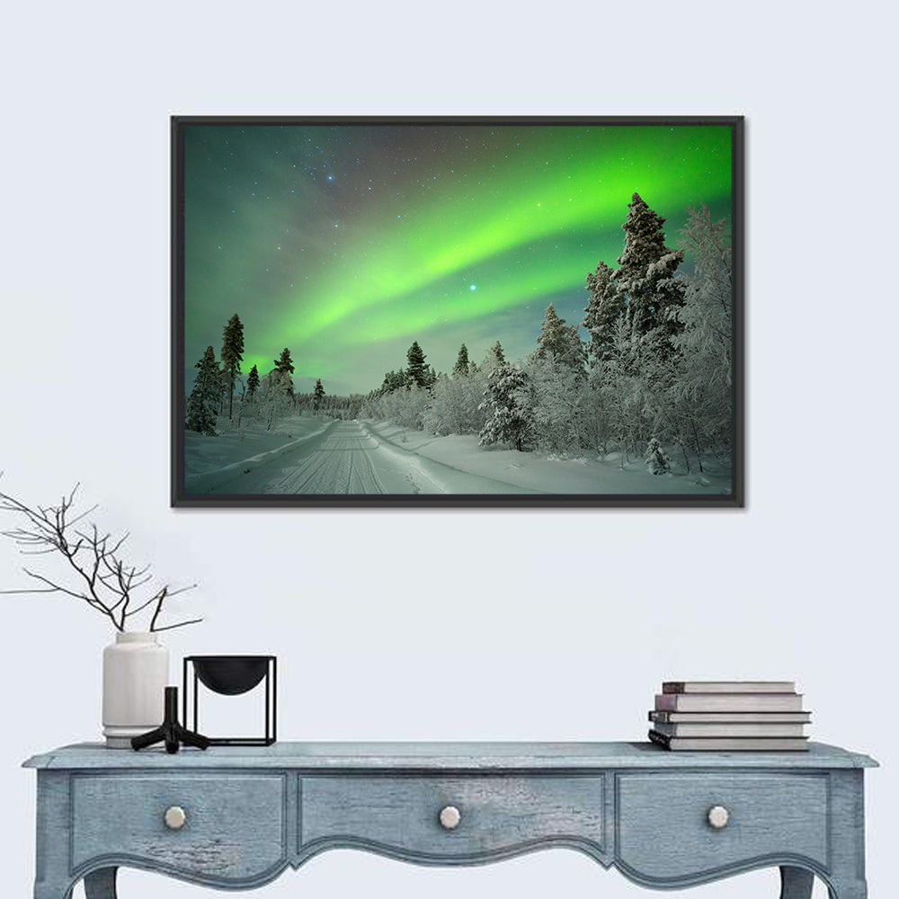 Aurora Over Snowy Forest Road Wall Art in a room, landscape