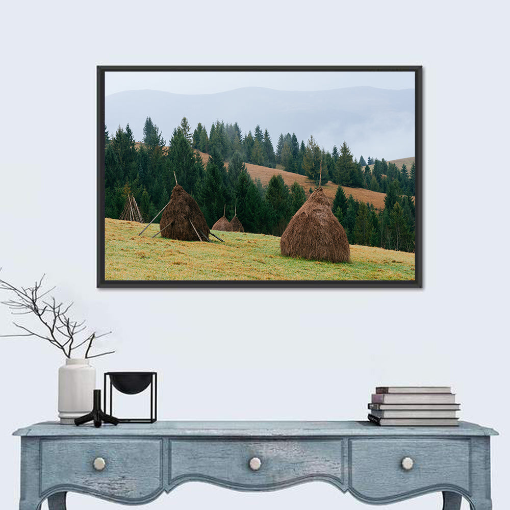 Haystacks in Mountain Village Wall Art in a room, landscape