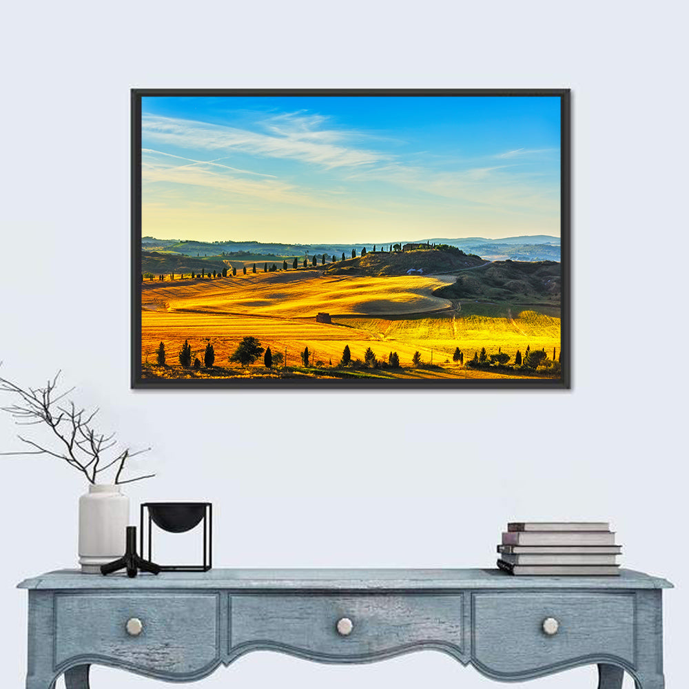 Cypress Trees Over Golden Fields Wall Art in a room, landscape