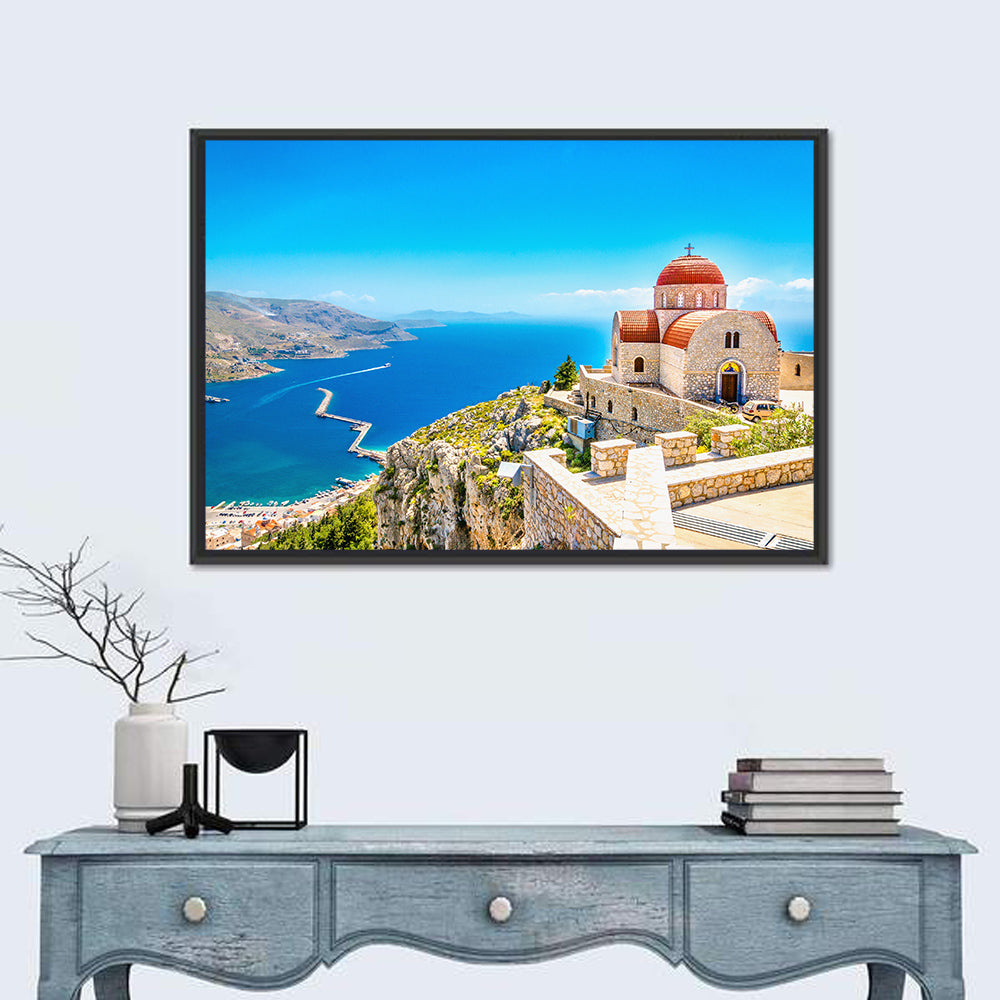Cliffside Church in Greece Wall Art in a room, landscape