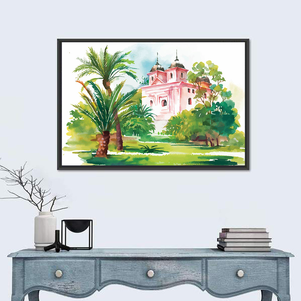 Pink House in Garden Illustration Wall Art