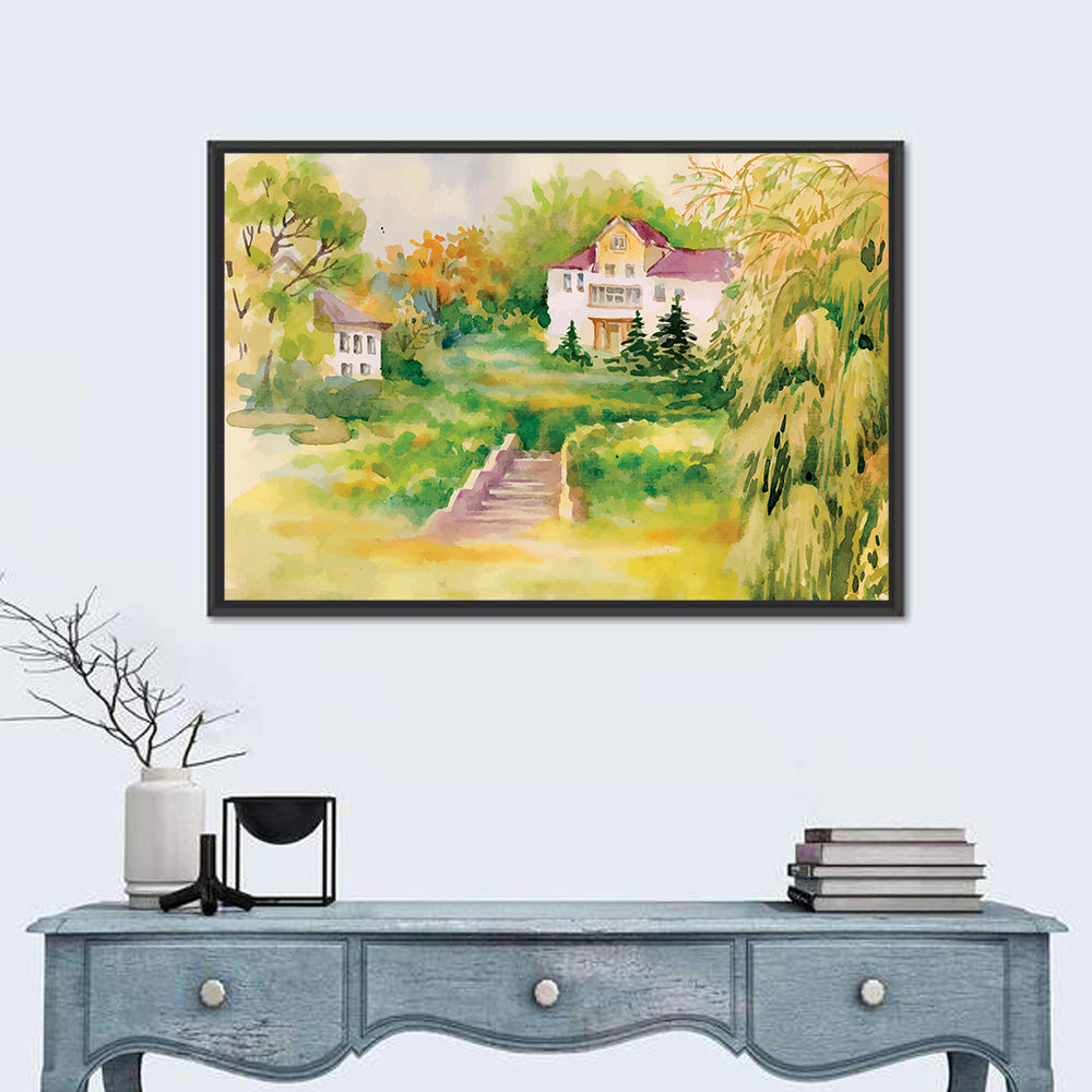 Hilltop House in Garden Illustration Wall Art in a room, landscape