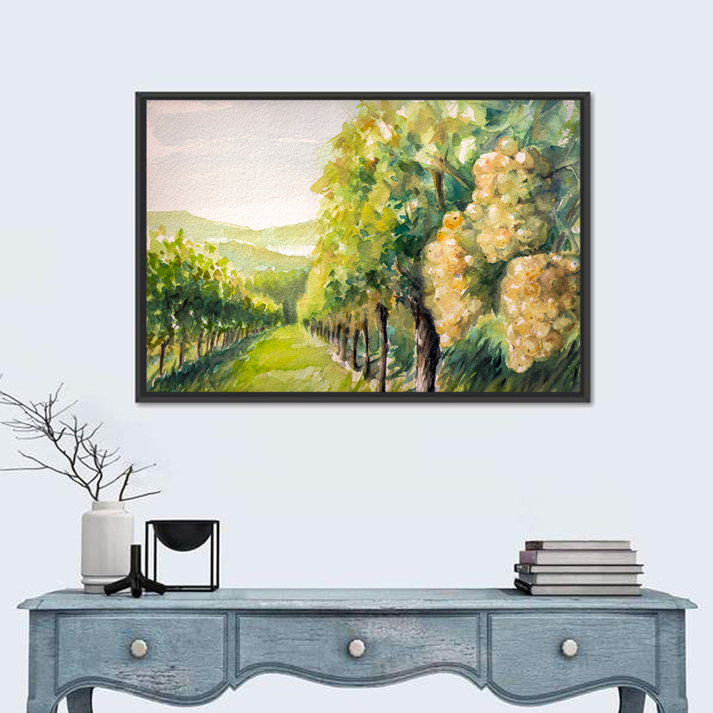 Sunlit Vineyard Watercolor Wall Art in a room, landscape