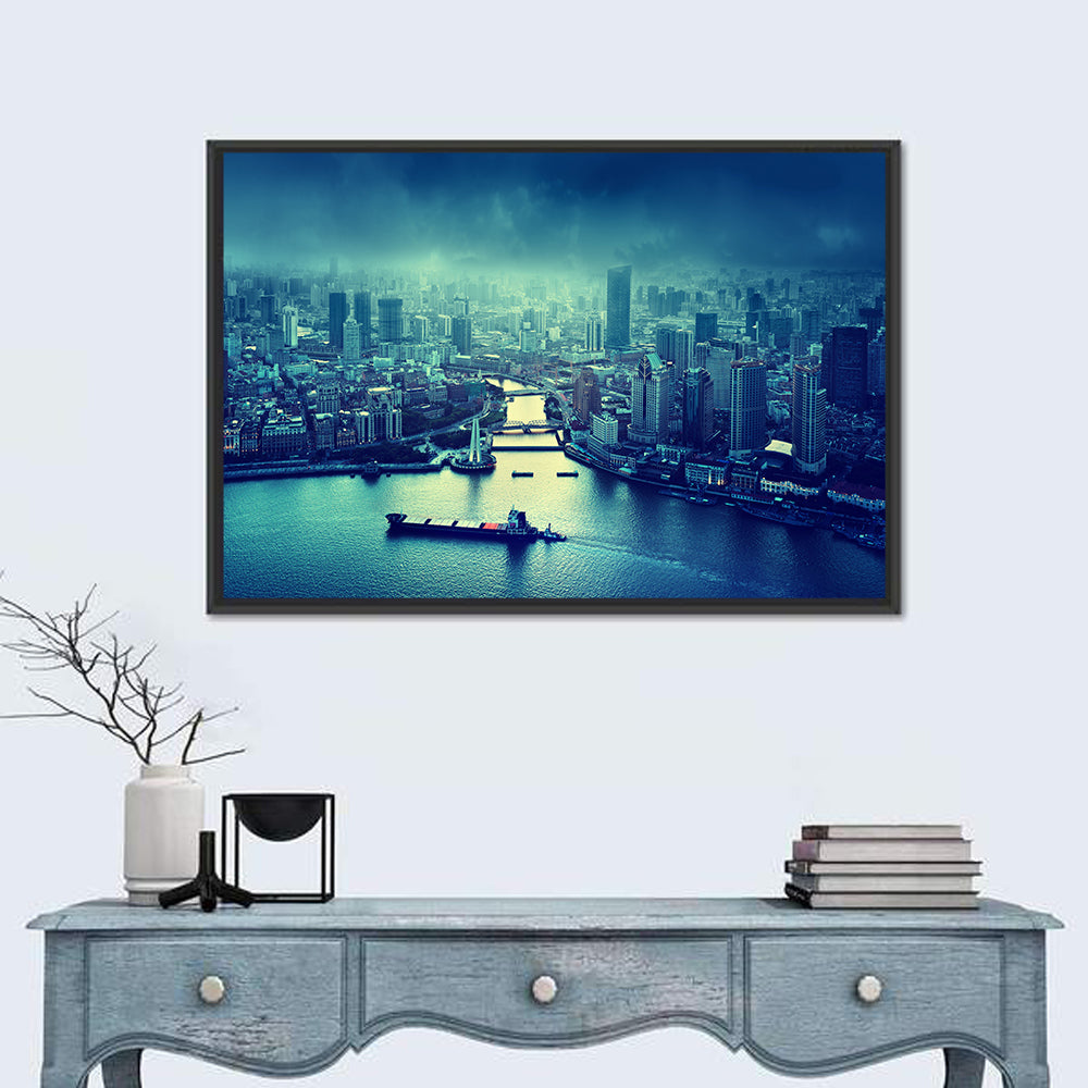 Shanghai Skyline at Sunset Wall Art in a room, landscape