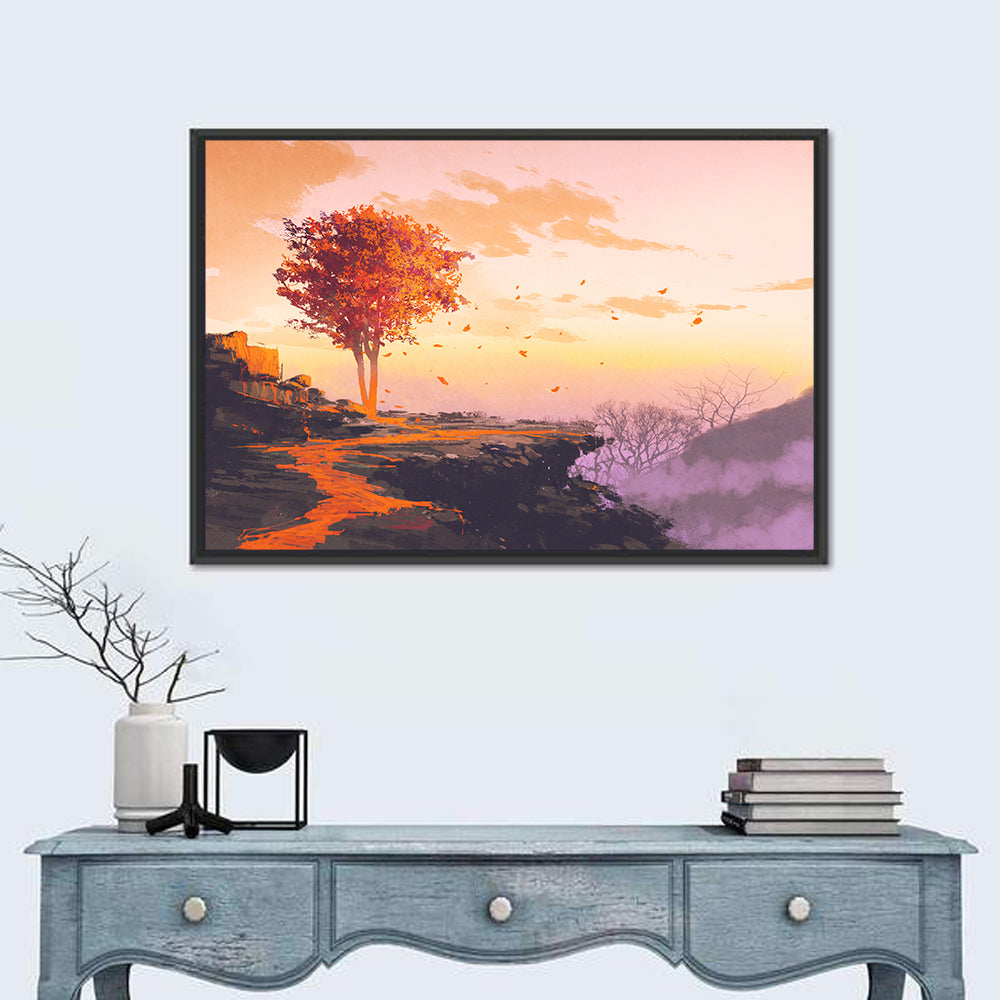 Melting Autumn Tree on Cliff Wall Art in a room, landscape