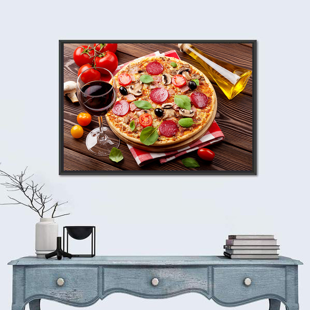 Rustic Italian Pizza Still Life Wall Art in a room, landscape