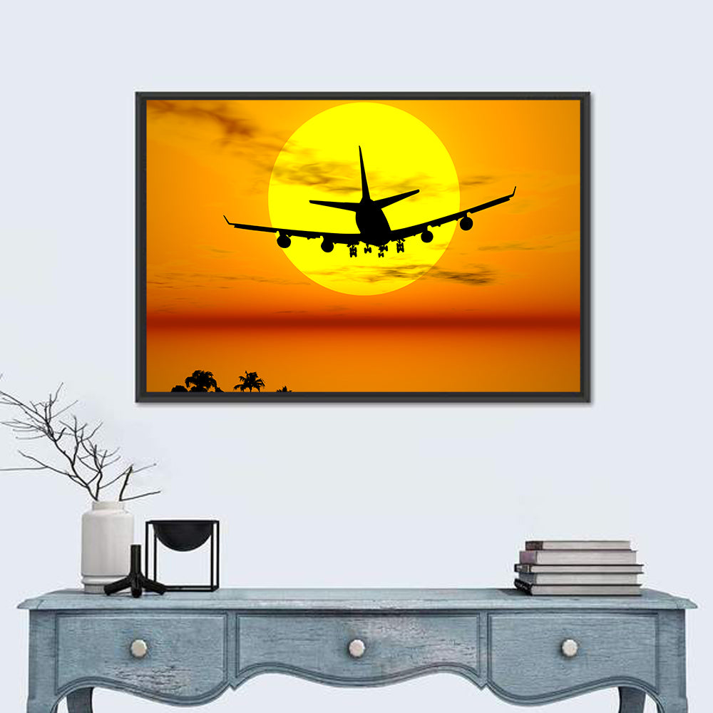 Airplane Silhouette at Sunset Wall Art in a room, landscape