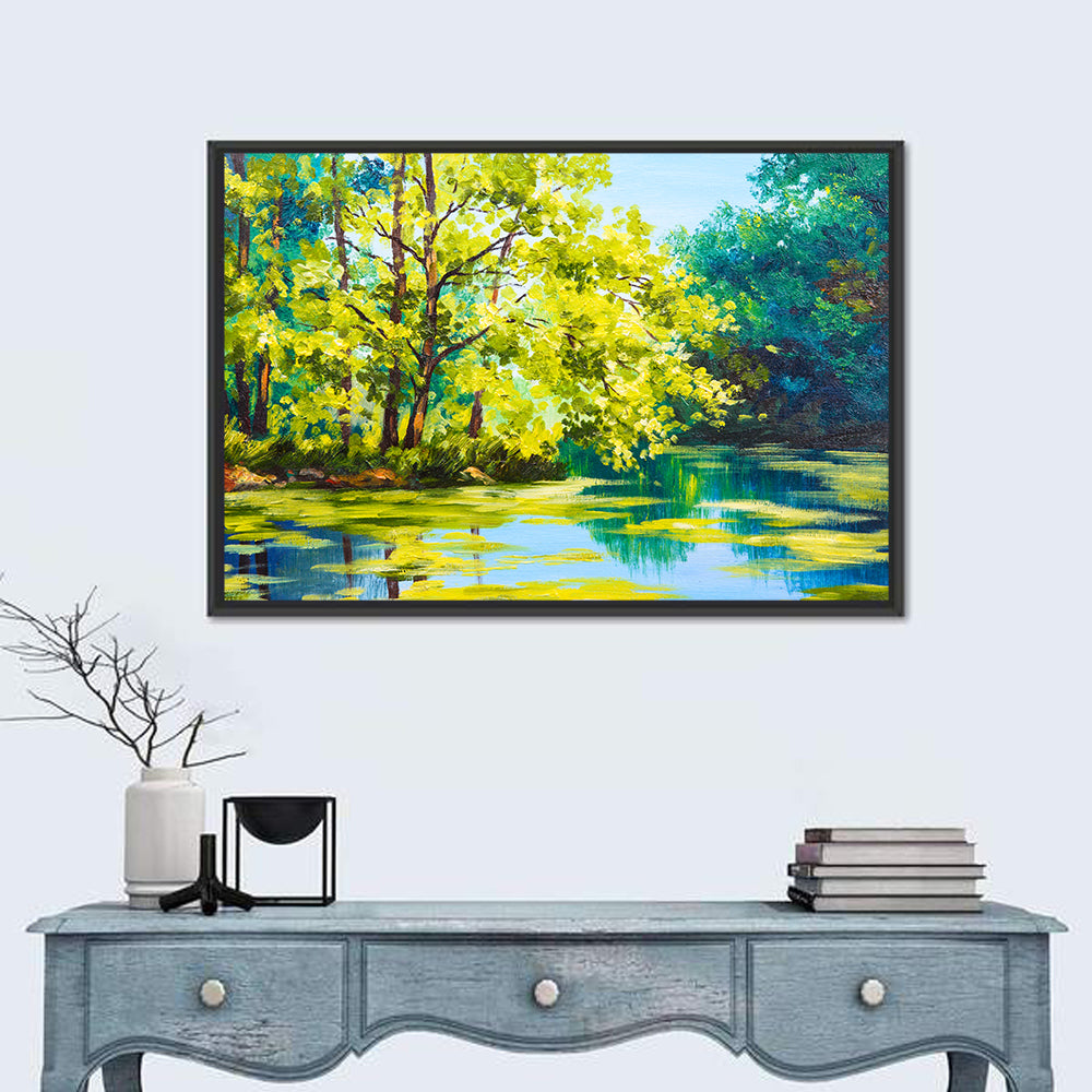 Forest Lake Reflection Wall Art in a room, landscape