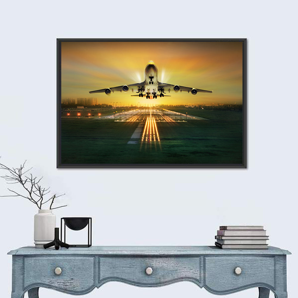 Passenger Plane Over Runway at Dusk Wall Art