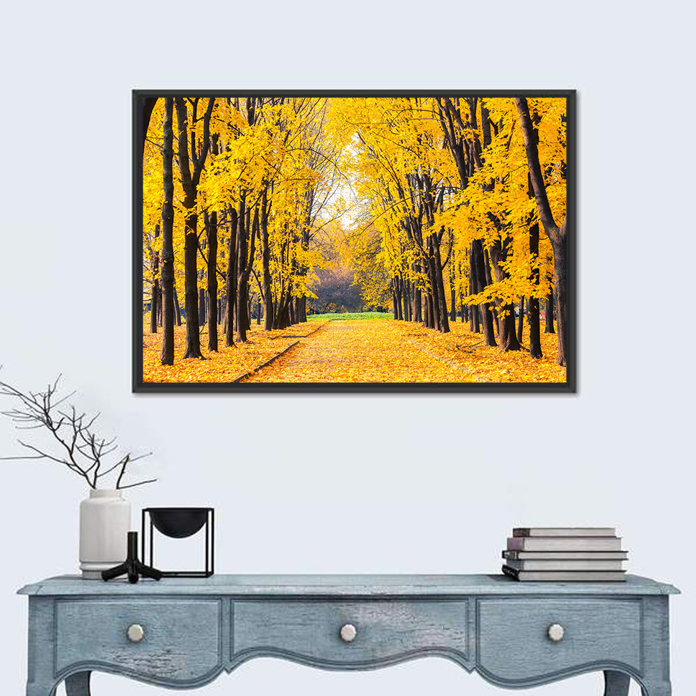 Golden Autumn Park Path Wall Art in a room, landscape