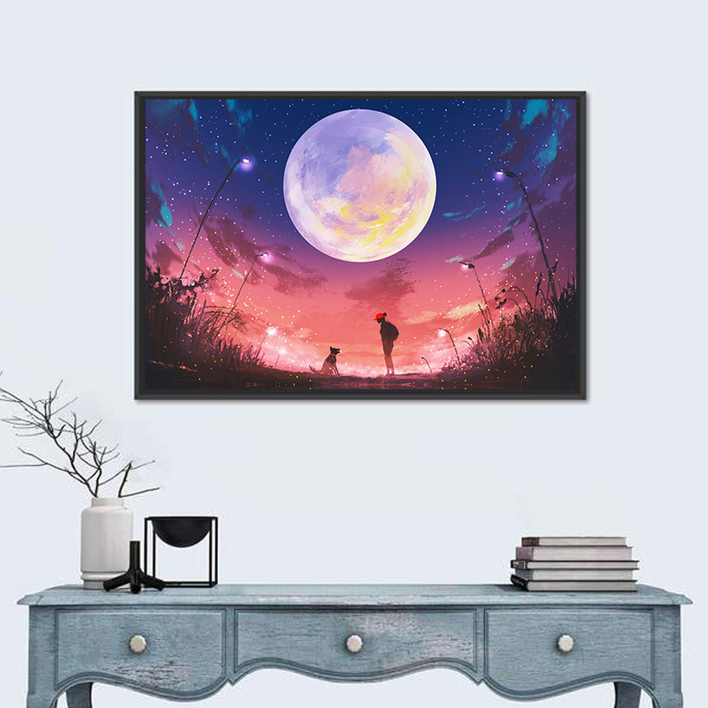 Woman and Dog Beneath Oversized Moon Wall Art in a room, landscape