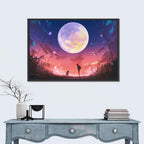 Woman and Dog Beneath Oversized Moon Wall Art