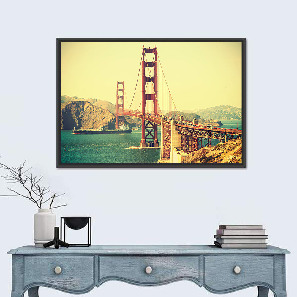 Golden Gate Bridge with Cargo Ship Wall Art in a room, landscape