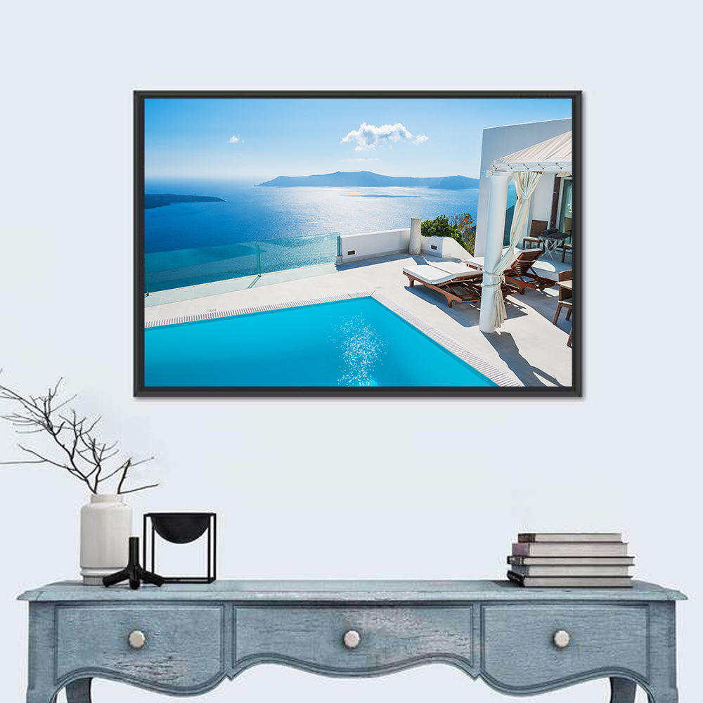 Santorini Pool Terrace View Wall Art in a room, landscape
