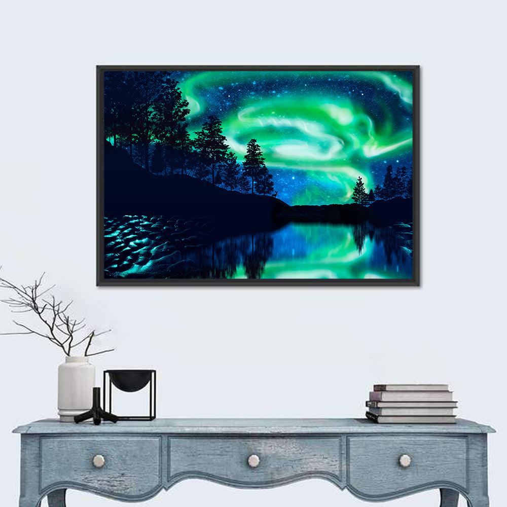 Northern Lights Over Mountain Lake Wall Art in a room, landscape