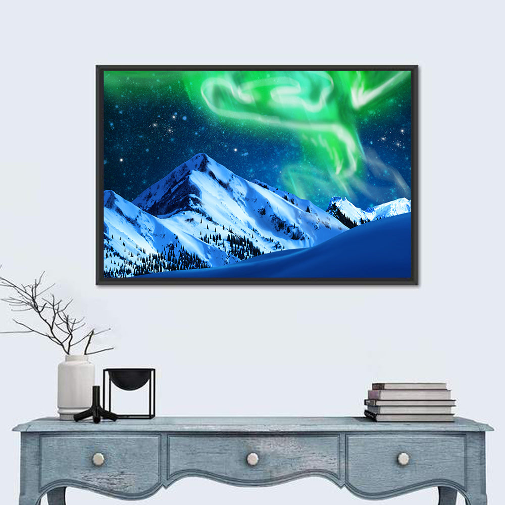 Glowing Aurora Over Snow Capped Mountains Wall Art