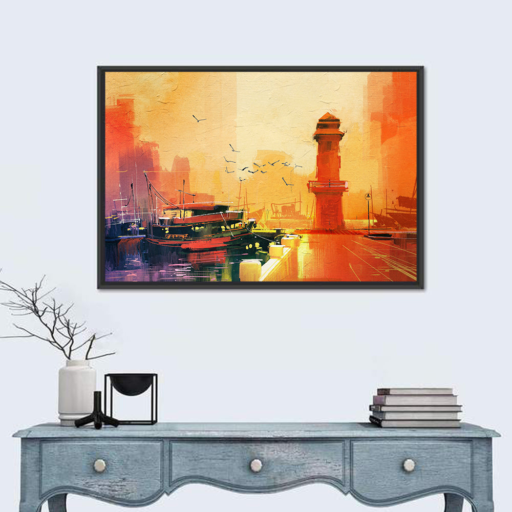 Golden Harbor Lighthouse and Fishing Boat Wall Art in a room, landscape