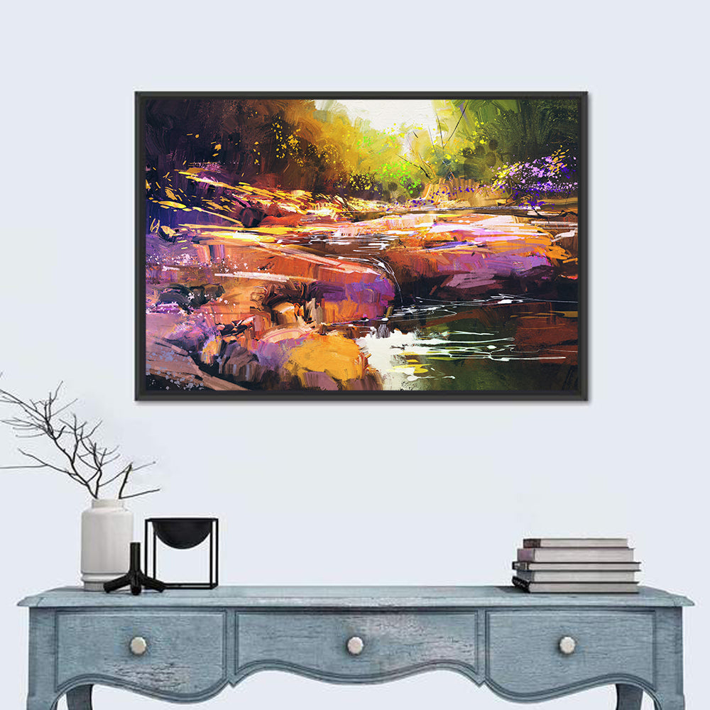 Autumn Stream with Textured Rocks Wall Art in a room, landscape