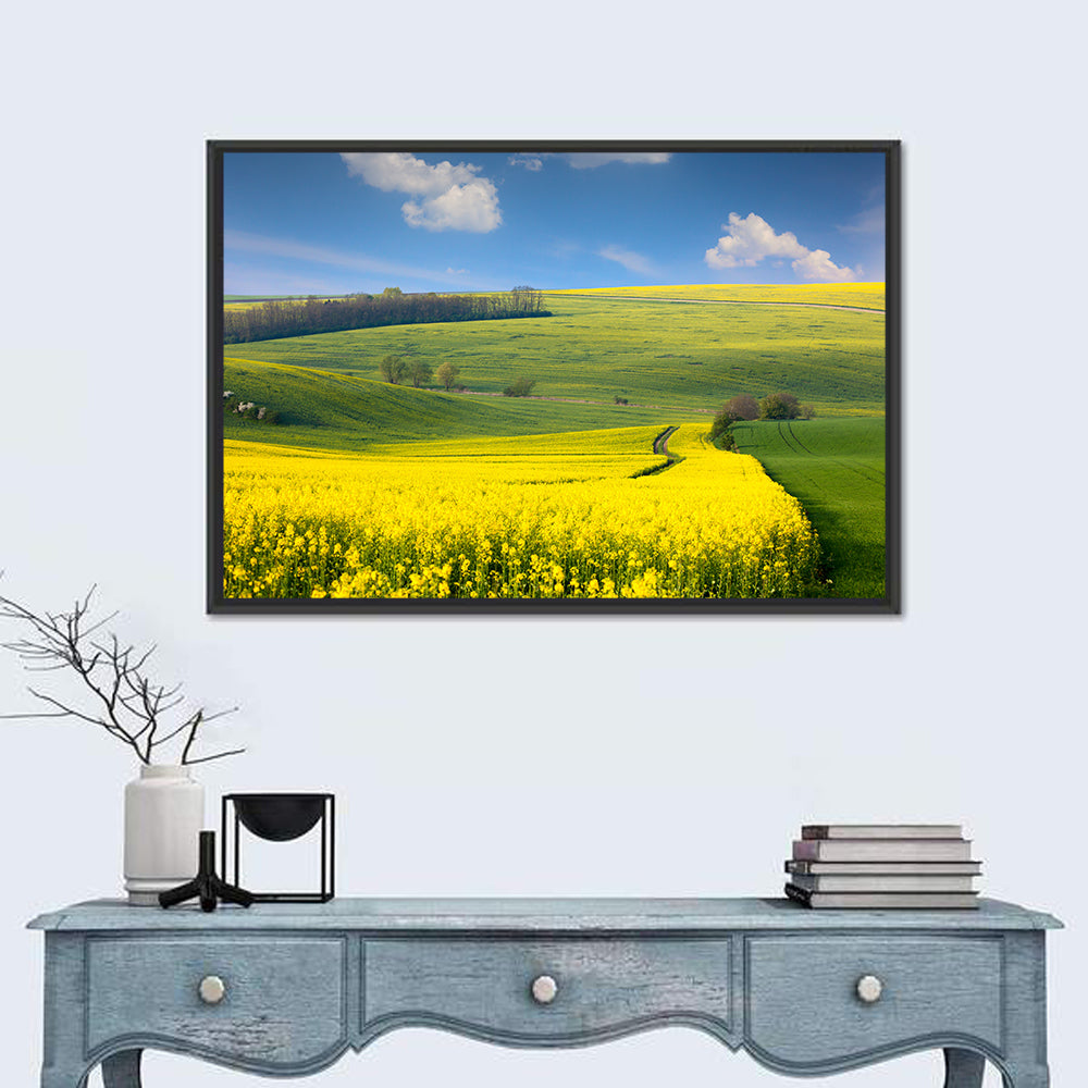 Sunlit Rapeseed Hills Wall Art in a room, landscape
