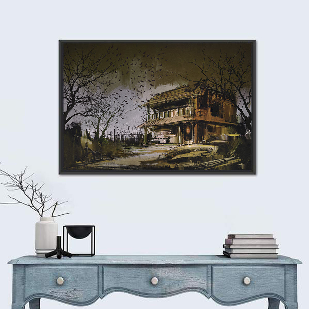 Halloween House at Dusk Wall Art in a room, landscape