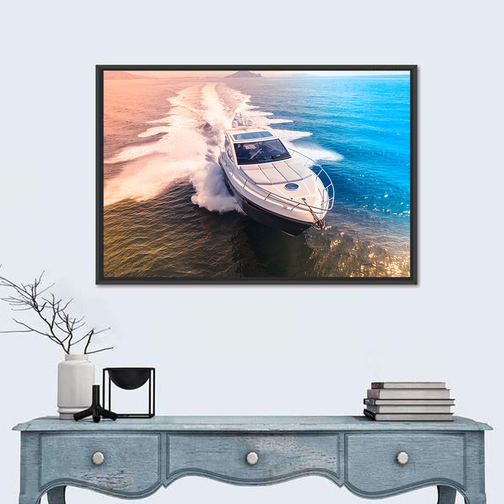Luxury Motorboat in Motion Wall Art in a room, landscape