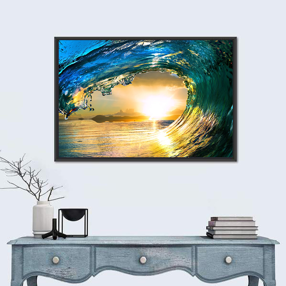 Sunset Wave Tunnel Wall Art in a room, landscape