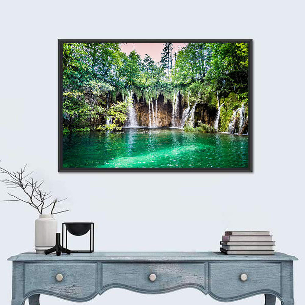 Plitvice Lakes Waterfalls Wall Art in a room, landscape