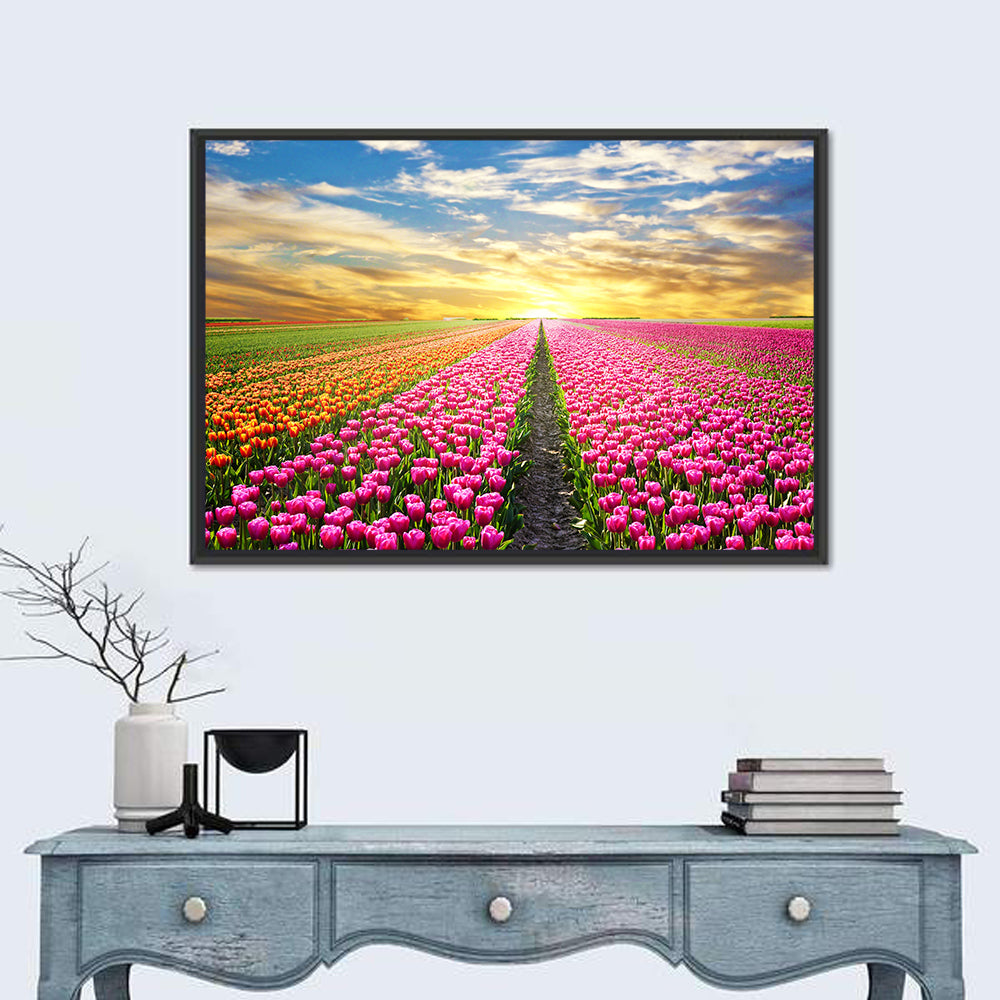 Sunrise Over Tulip Field Wall Art in a room, landscape