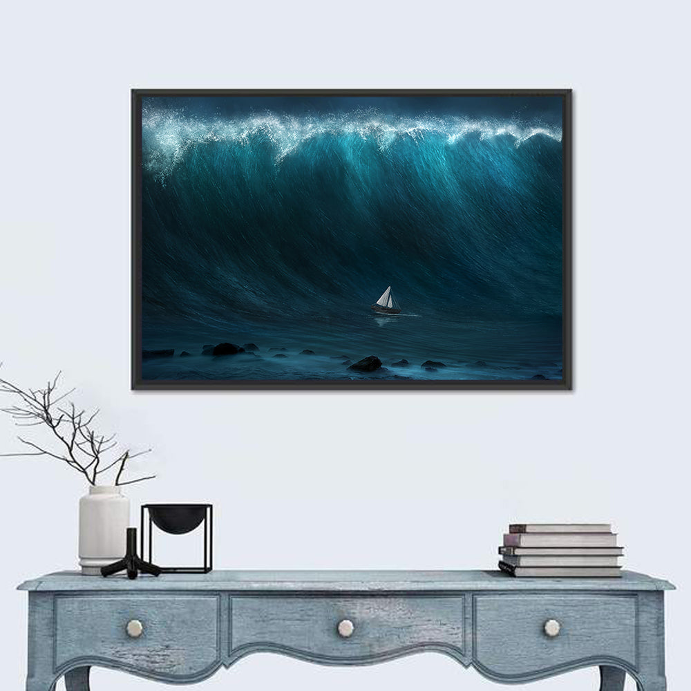 Sailboat Against Giant Wave Wall Art in a room, landscape