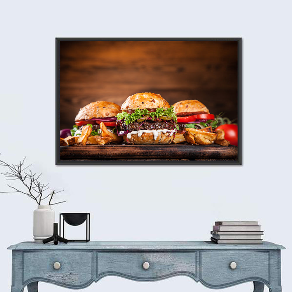 Rustic Homemade Burger Trio Wall Art in a room, landscape