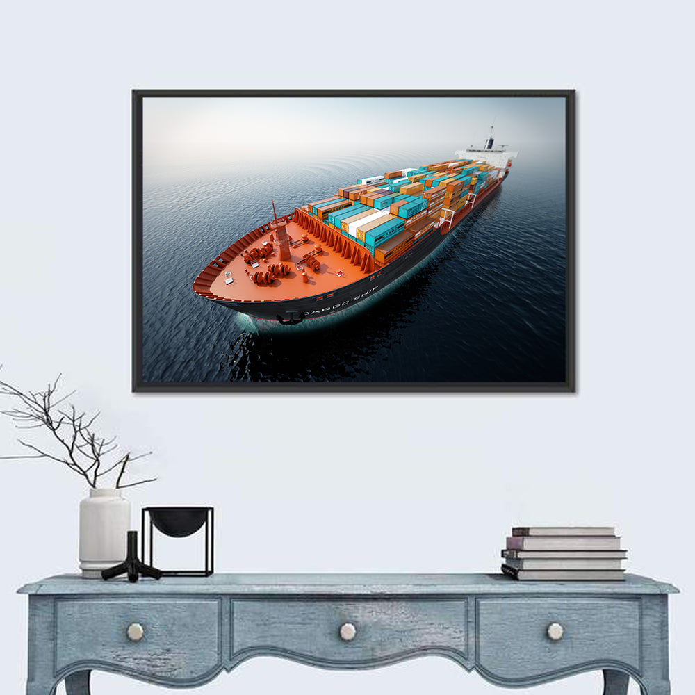 Container Ship at Sea Wall Art in a room, landscape
